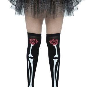 Medias Catrina Esqueleto Negras con Huesos Blancos y Rosas Rojas