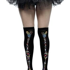 Medias Catrina Negras – Estilo Día de los Muertos con Calaveras y Flores