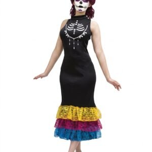 Disfraz Catrina Night Talla M – Vestido Negro con Diseño de Esqueleto y Volantes de Encaje