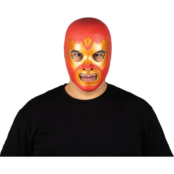 Máscara Látex Luchador Guerrero Escarlata Rojo y Dorado