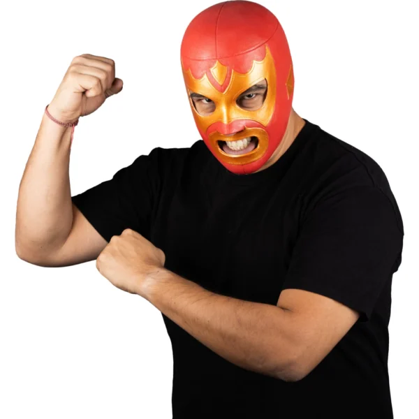 Máscara Látex Luchador Guerrero Escarlata Rojo y Dorado