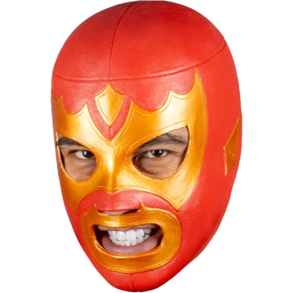 Máscara Látex Luchador Guerrero Escarlata Rojo y Dorado