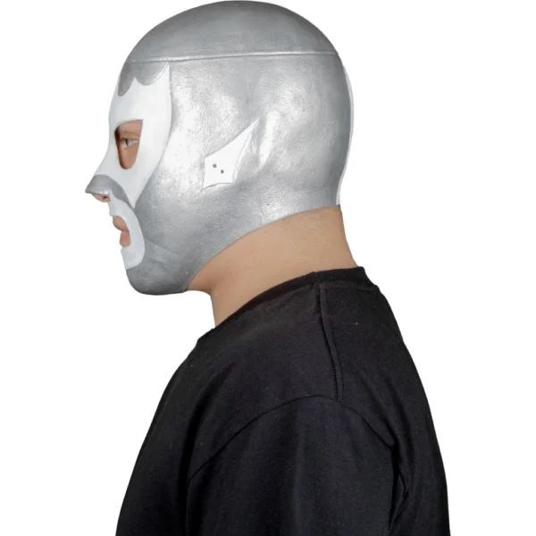 Máscara Látex Luchador Leyenda Plateada – Acabado Metálico Artesanal