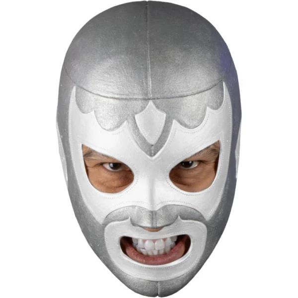 Máscara Látex Luchador Leyenda Plateada – Acabado Metálico Artesanal