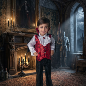 Disfraz Black & Red Vampire Boy para Niño – Chaleco Rojo, Camisa Blanca y Capa Negra