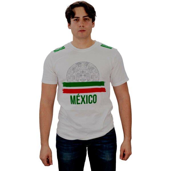 Playera Mexicana Adulto – Camiseta Blanca con Escudo y Franjas Tricolor