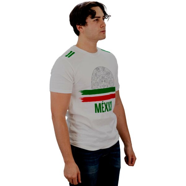Playera Mexicana Adulto – Camiseta Blanca con Escudo y Franjas Tricolor