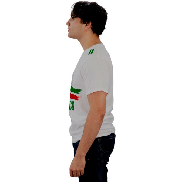Playera Mexicana Adulto – Camiseta Blanca con Escudo y Franjas Tricolor