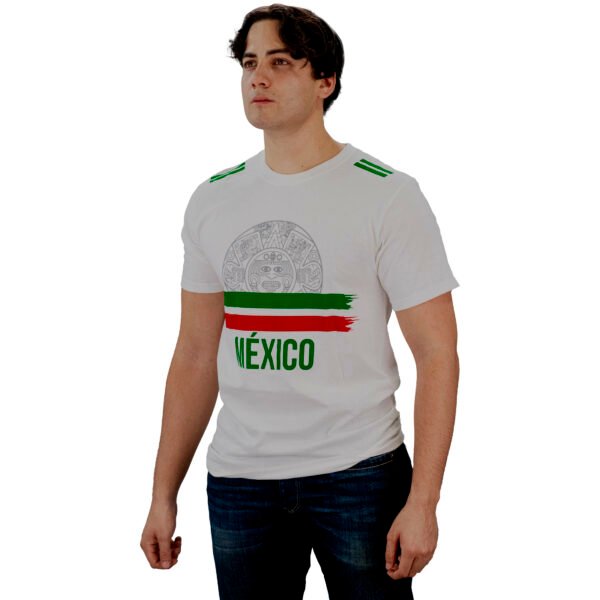 Playera Mexicana Adulto – Camiseta Blanca con Escudo y Franjas Tricolor