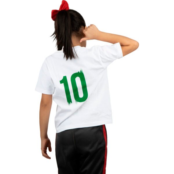 Playera Mexicana Niño Unitalla – Blanca con Escudo Azteca y Franjas Tricolor