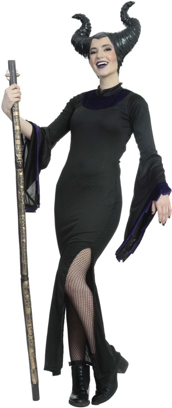 82020 Bewitch copia Disfraz Bewitch – Vestido Largo Negro de Villana con Tocado de Cuernos y Bastón