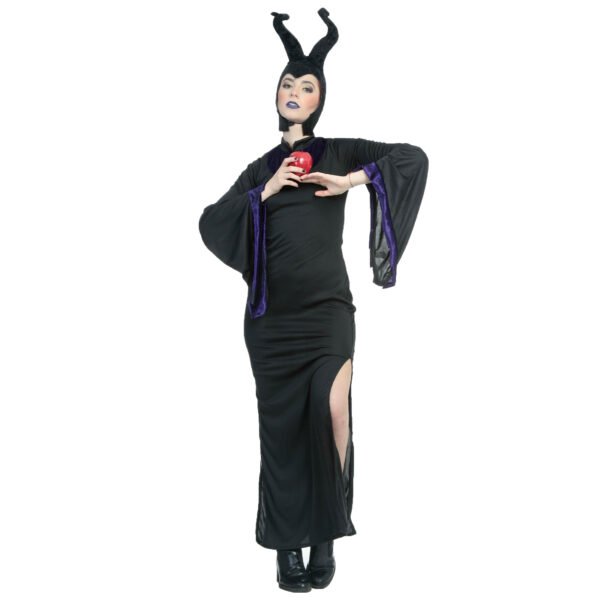 82020_82021_02 Disfraz Bewitch – Vestido Largo Negro de Villana con Tocado de Cuernos y Bastón