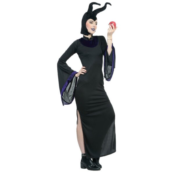 82020_82021_03 Disfraz Bewitch – Vestido Largo Negro de Villana con Tocado de Cuernos y Bastón