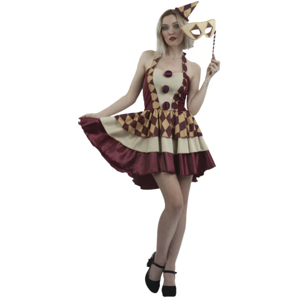 84385_84386_84387_vintage clown girl copia Disfraz Vintage Clown Girl – Payasa Circo Clásico en Tonos Vino y Crema